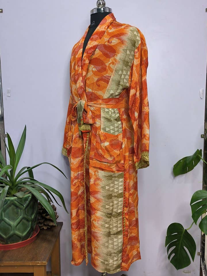 The Eastern Loom - Wholesale Robe - Men's - Men's Silk Recycled Sari Boho Kimonos Regal Lounge Robe2