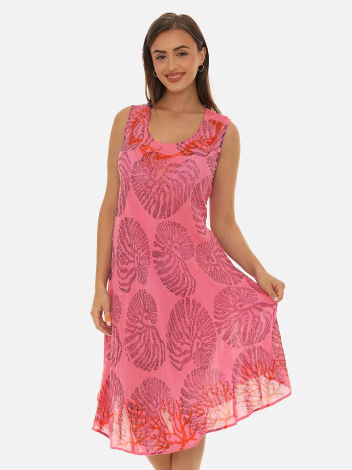 Women Rayon Midi Seashell Print Dress for wholesale by Shoreline Wear. INC