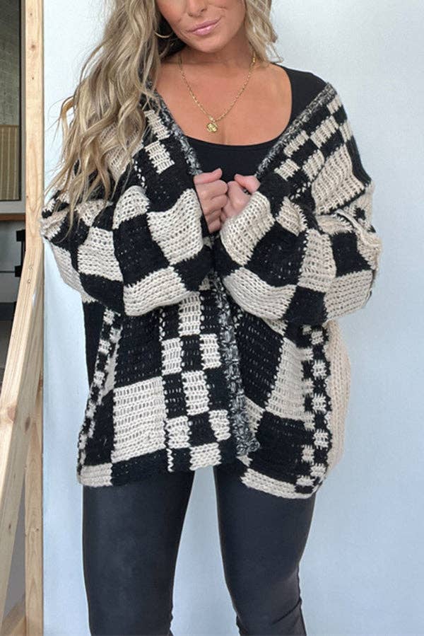 Rosa Clothing - Wholesale Cardigan - Women's - rizz boxy checkerboard knit Cardigan11