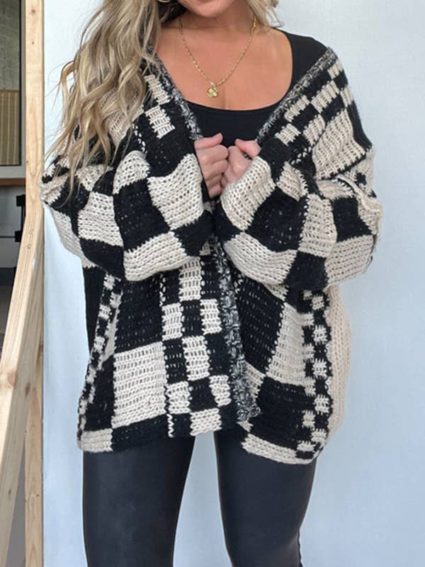 Rosa Clothing - Wholesale Cardigan - Women's - rizz boxy checkerboard knit Cardigan11