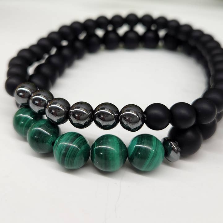 Meraki Gemstones - Venta al por mayor Pulsera de cuentas - Malaquita/hematita/obsidiana negra mate (juego de dos pulseras)
