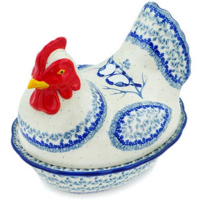 Hen Shaped Jar 9" Waiting Birds Theme UNIKAT for wholesale by Polmedia Polish Pottery