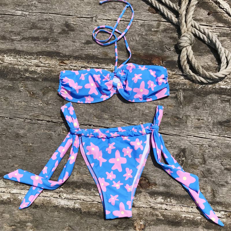 bleu Maillot de bain bikini 2 pièces à imprimé floral en vente sur Faire5