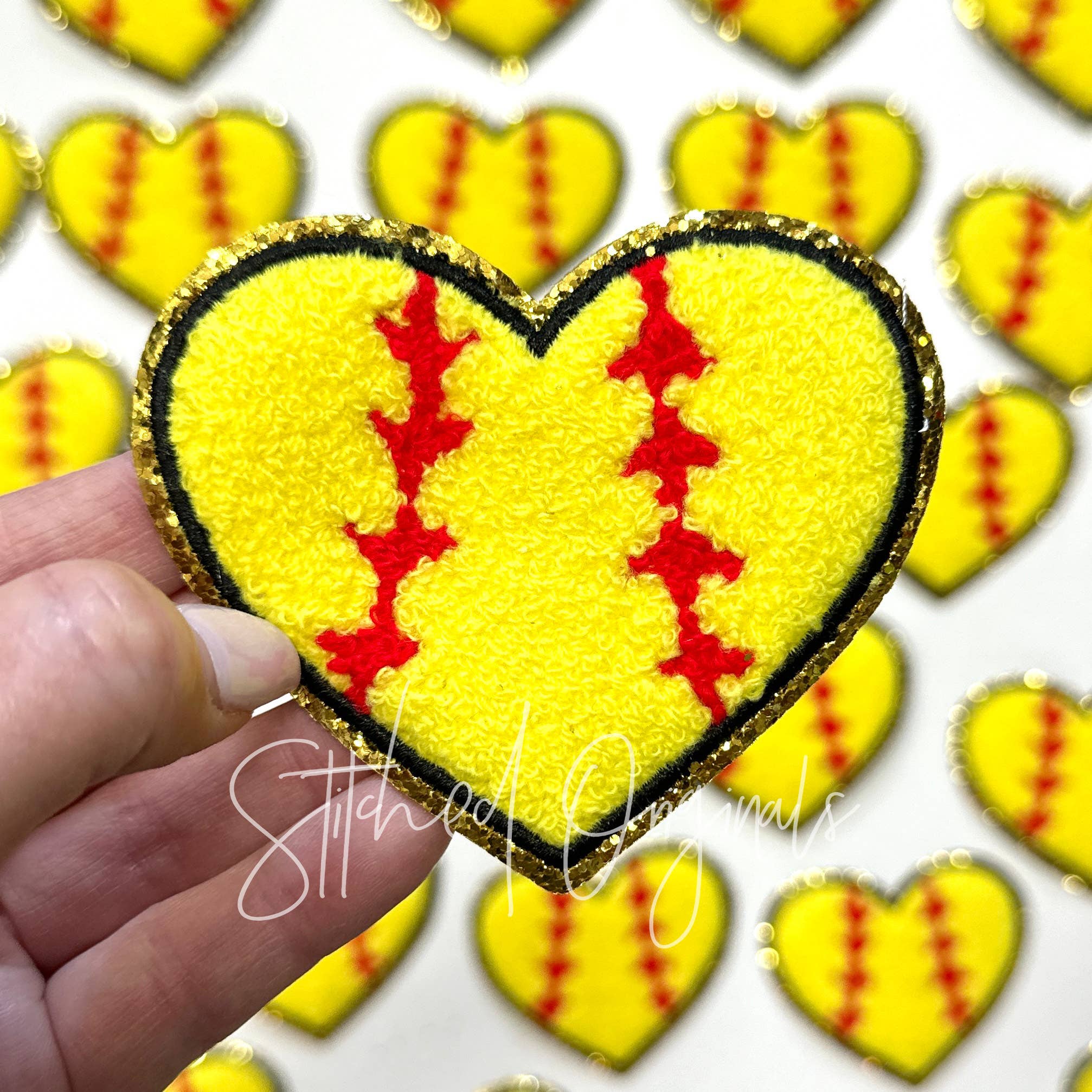 Stitched Originals - Wholesale Patch - Softball GOLD Glitter Heart Patch, DIY Patch, Softball Iro0