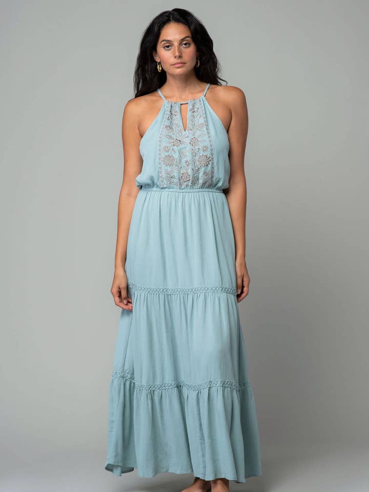 Lovestitch - Wholesale Dress - Women's - Linen Blend Embroidered Halter Tiered Maxi Dress6