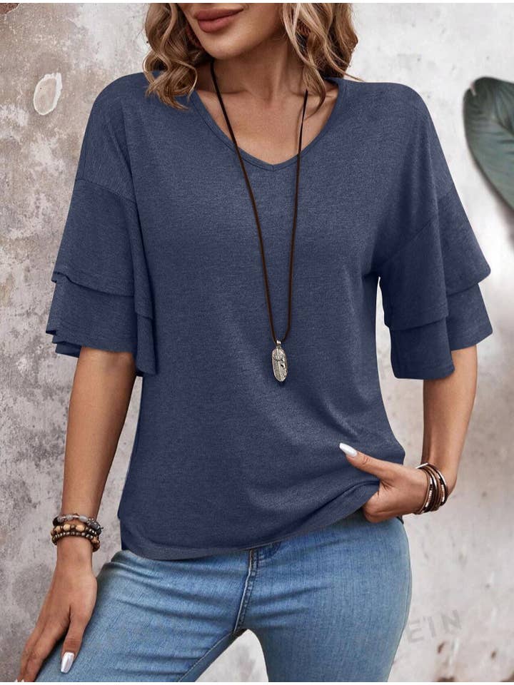 Rosa Clothing - Wholesale Blouse - Women's - Summer V-Neck Ruffle Sleeve Loose Short-Sleeved T-Shirt