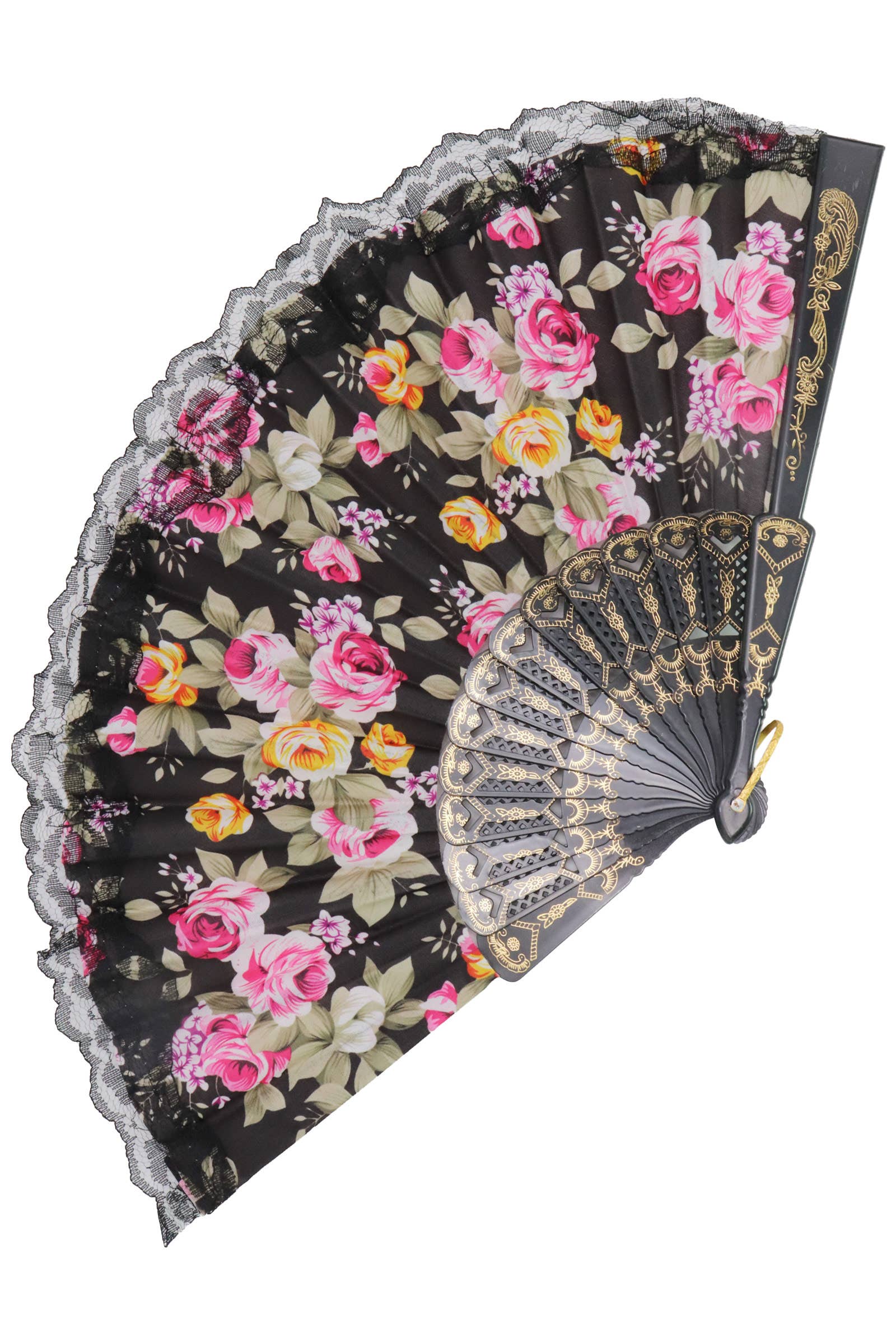 Assorted Rose Black Lace Trim Hand-held Folding Fan for wholesale on Faire3