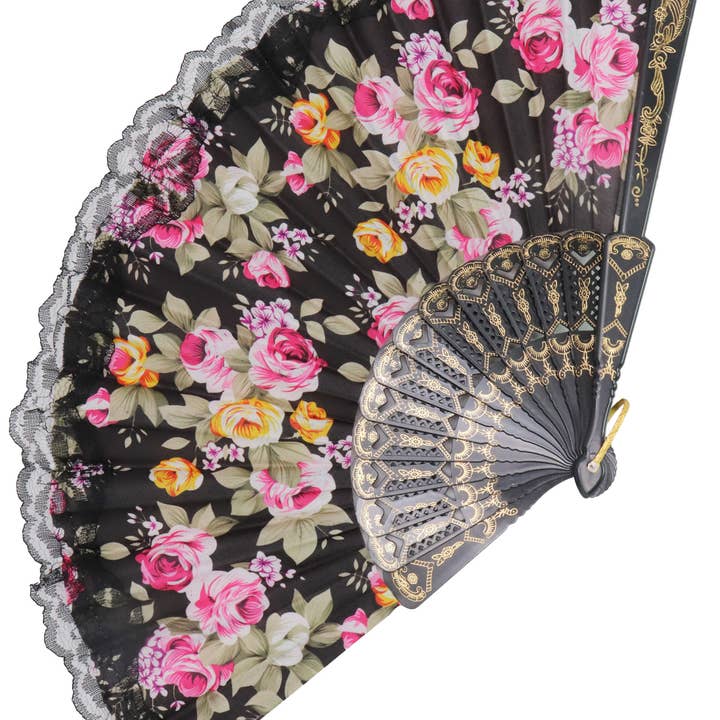 Assorted Rose Black Lace Trim Hand-held Folding Fan for wholesale on Faire3