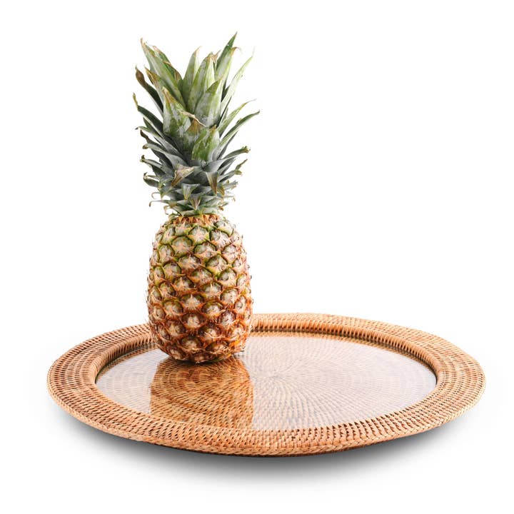 Round Serving Tray Hand Woven Wicker Rattan - Glass Insert for wholesale by Vagabond House