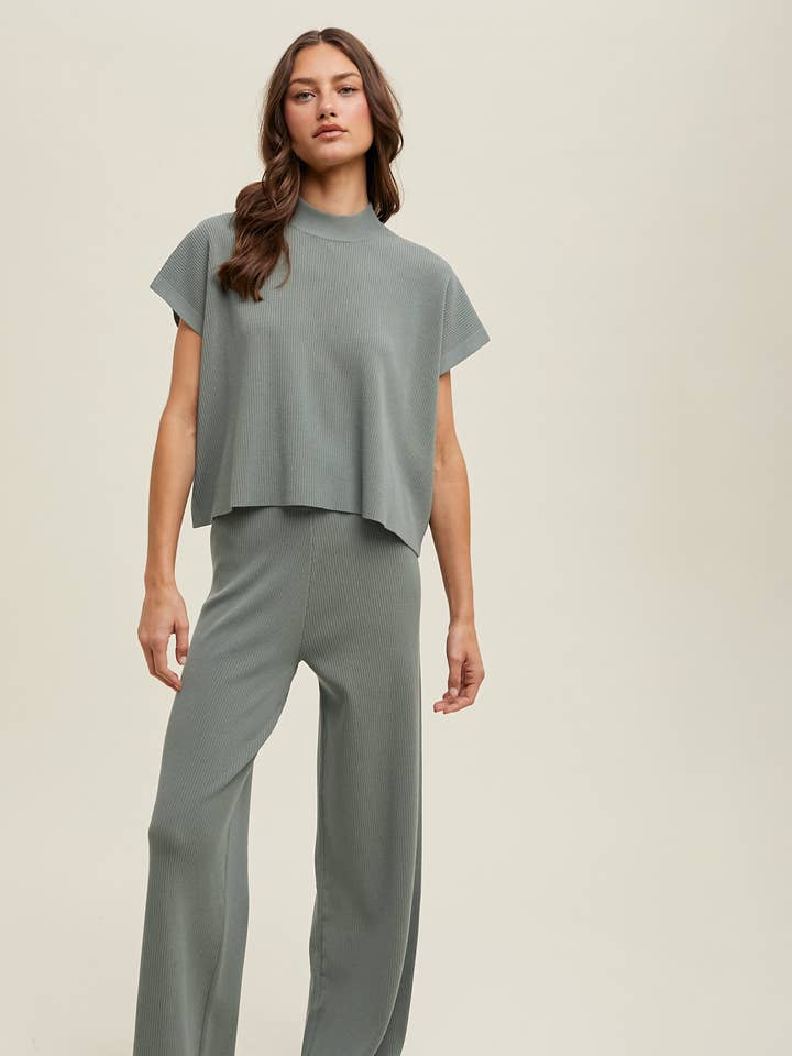 G MINT RIBBED KNIT SWEATER TOP AND PANTS SET / WL24-9299 for wholesale on Faire