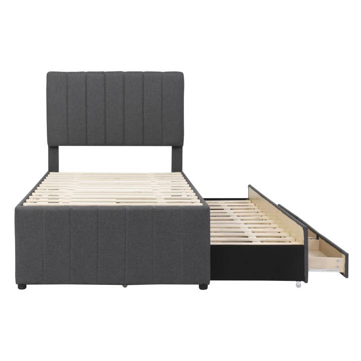 Gray Upholstered Twin Platform Bed with Trundle & 3 Drawers for wholesale on Faire2