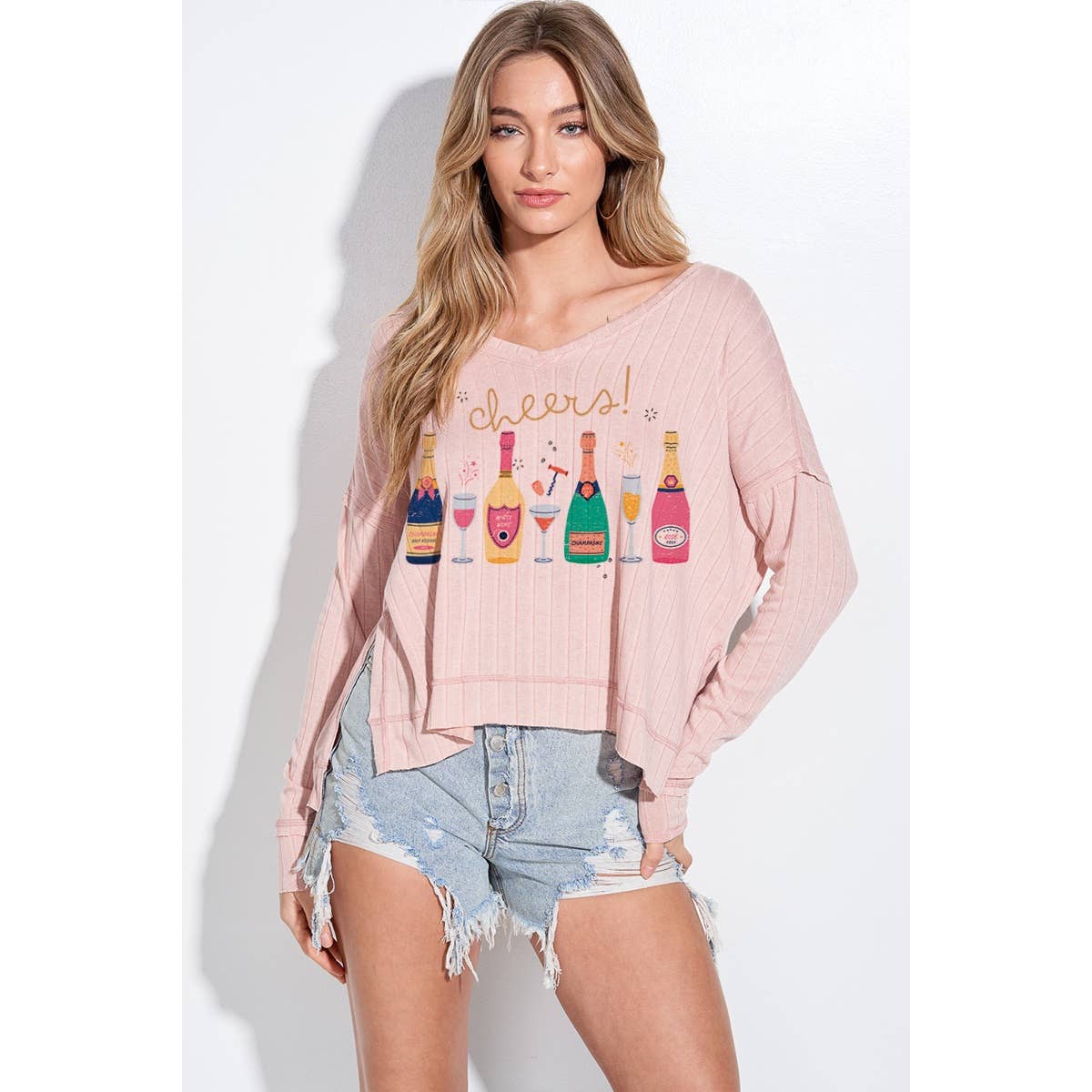 Phil Love – Großhandel T-Shirt mit Siebdruck – Damen – Feiertags-Champagnerflaschen-Langarmshirt mit V-Ausschnitt 0