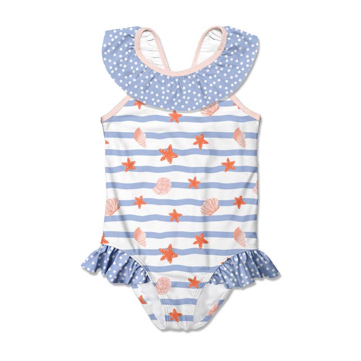 White Girls  Seastars & Shells Bow Ruffle-Accent Yoke Swim for wholesale on Faire