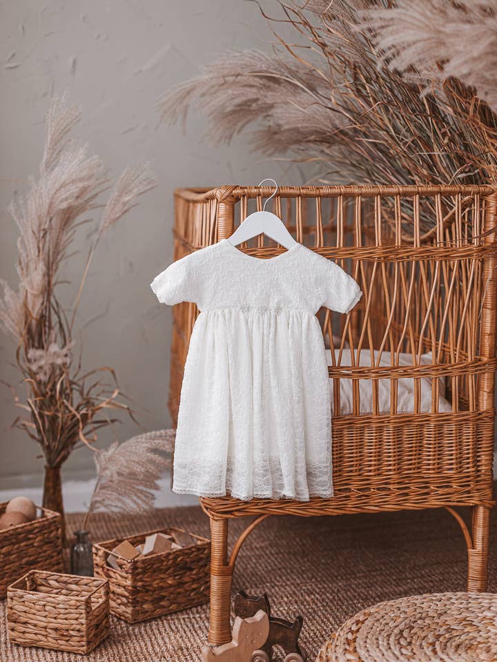 White Baby Knee Length Dress, Guipure Flower Girl Gown With Ruffles, Short Sleeve Boho Lace Outfit for Toddlers, Newborn Floral Dress for wholesale by Matrinna