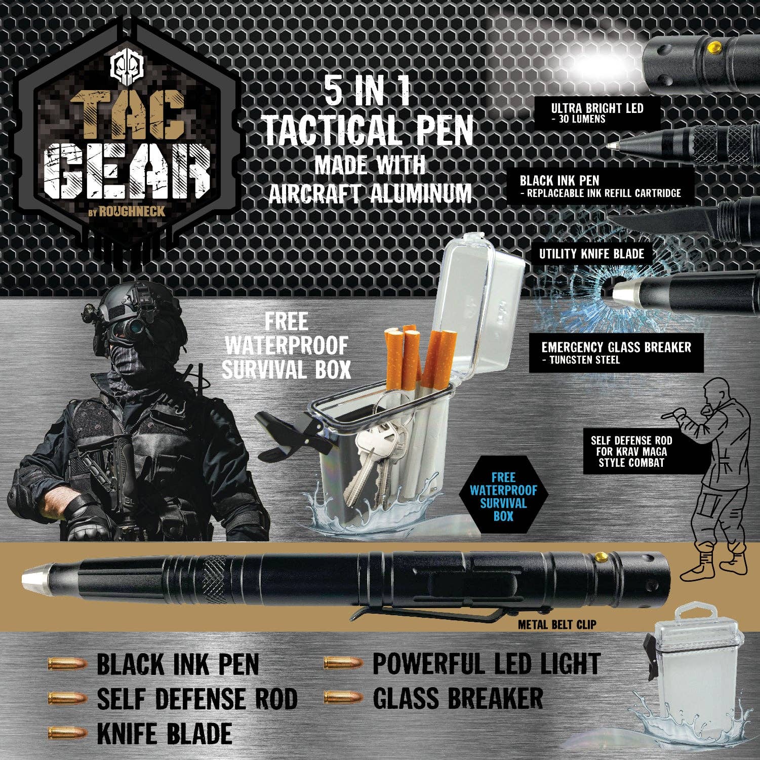 Novelty Brands - Wholesale Retailer Display - Home & Living - Multi-Tool 5-In-1 Tactical Pen Knife + LED Flashlight - 6PK4