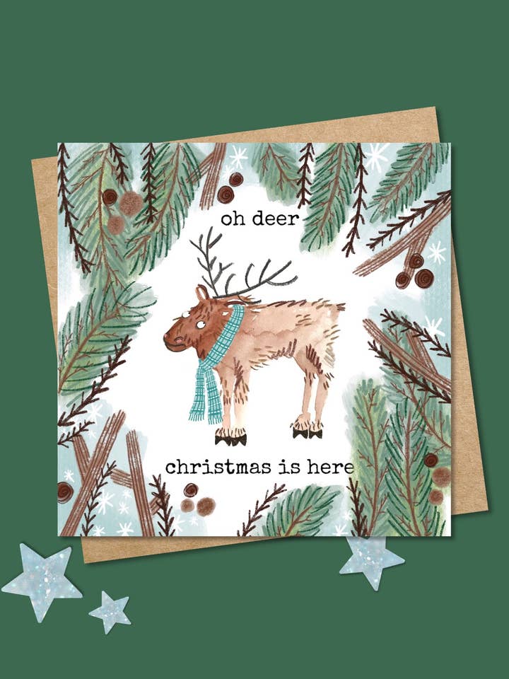 Oh Deer Christmas is here Christmas Card for wholesale by Pen and Gwyn