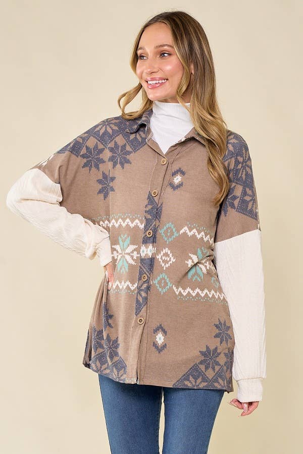 lovely melody - Wholesale Shirt Jacket/Shacket - Women's - LMT3653-Snowflake shacket Print14