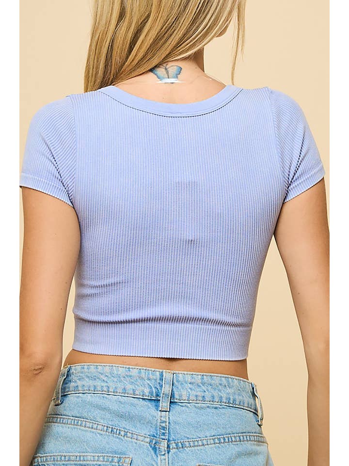 ROUSSEAU - Wholesale Knit Top - Women's - RIBBED KNIT DEEP SCOOP NECK SHORT SLEEVE CROP TOP