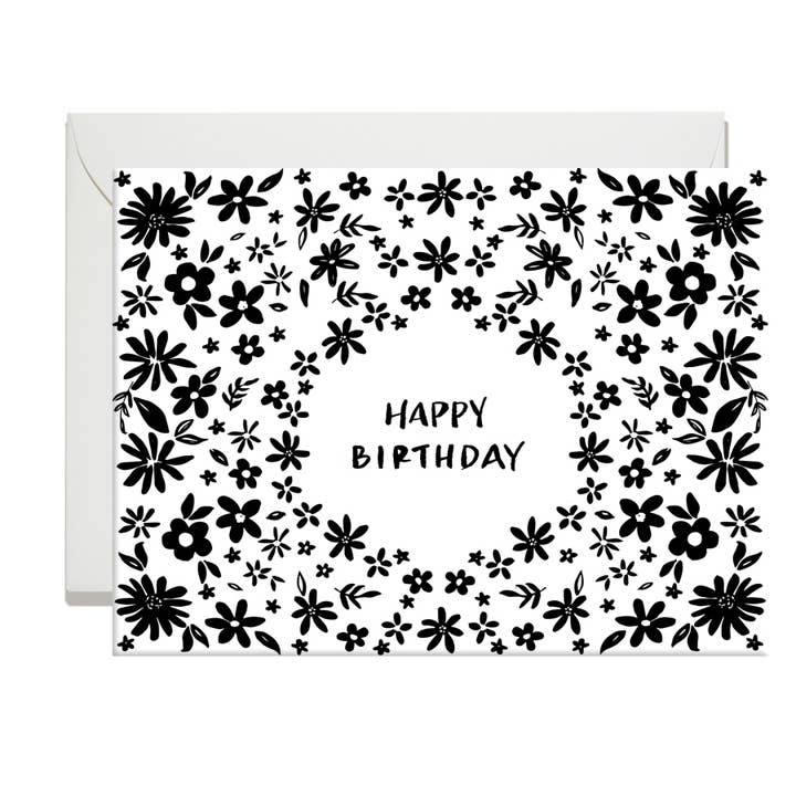 Carte d'anniversaire florale noire et blanche pour la vente par Shannon Kirsten Illustration