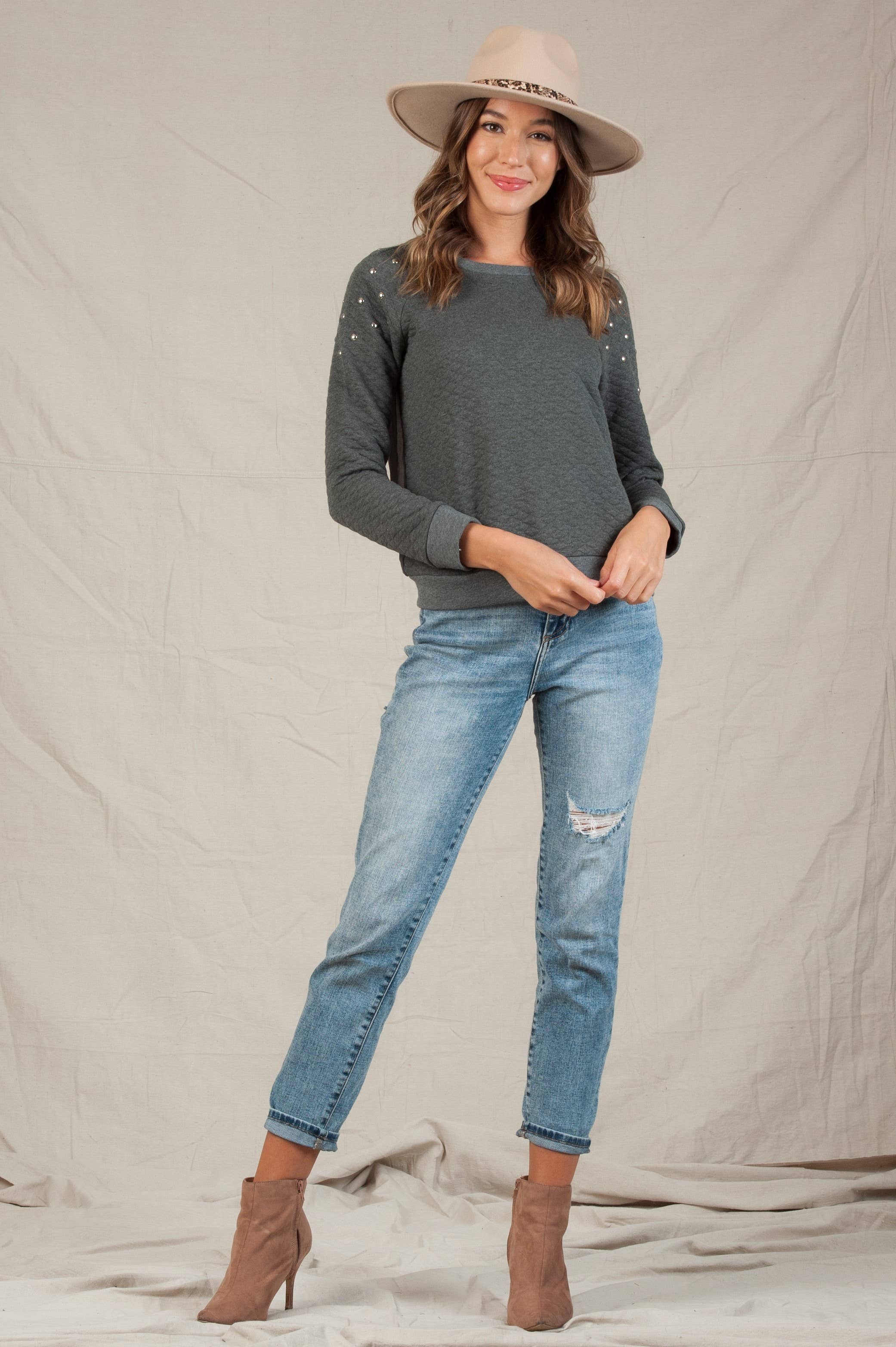 Lucca Couture - Wholesale Sweatshirt - Women's - Lucca Mesh Back stud Shoulder Pullover2