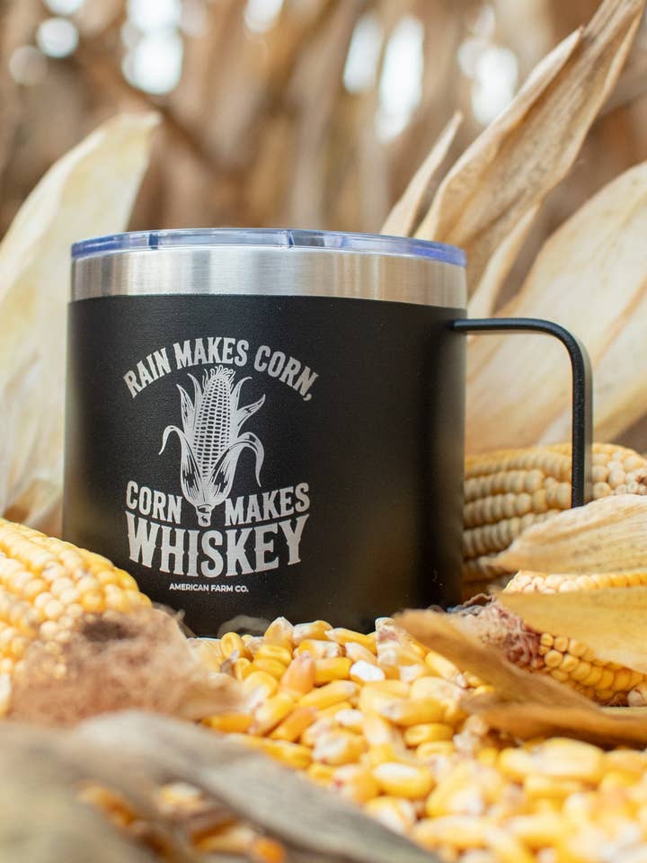 Black 'Rain Makes Corn, Corn Makes Whiskey' 16oz Mug for wholesale by American Farm Company