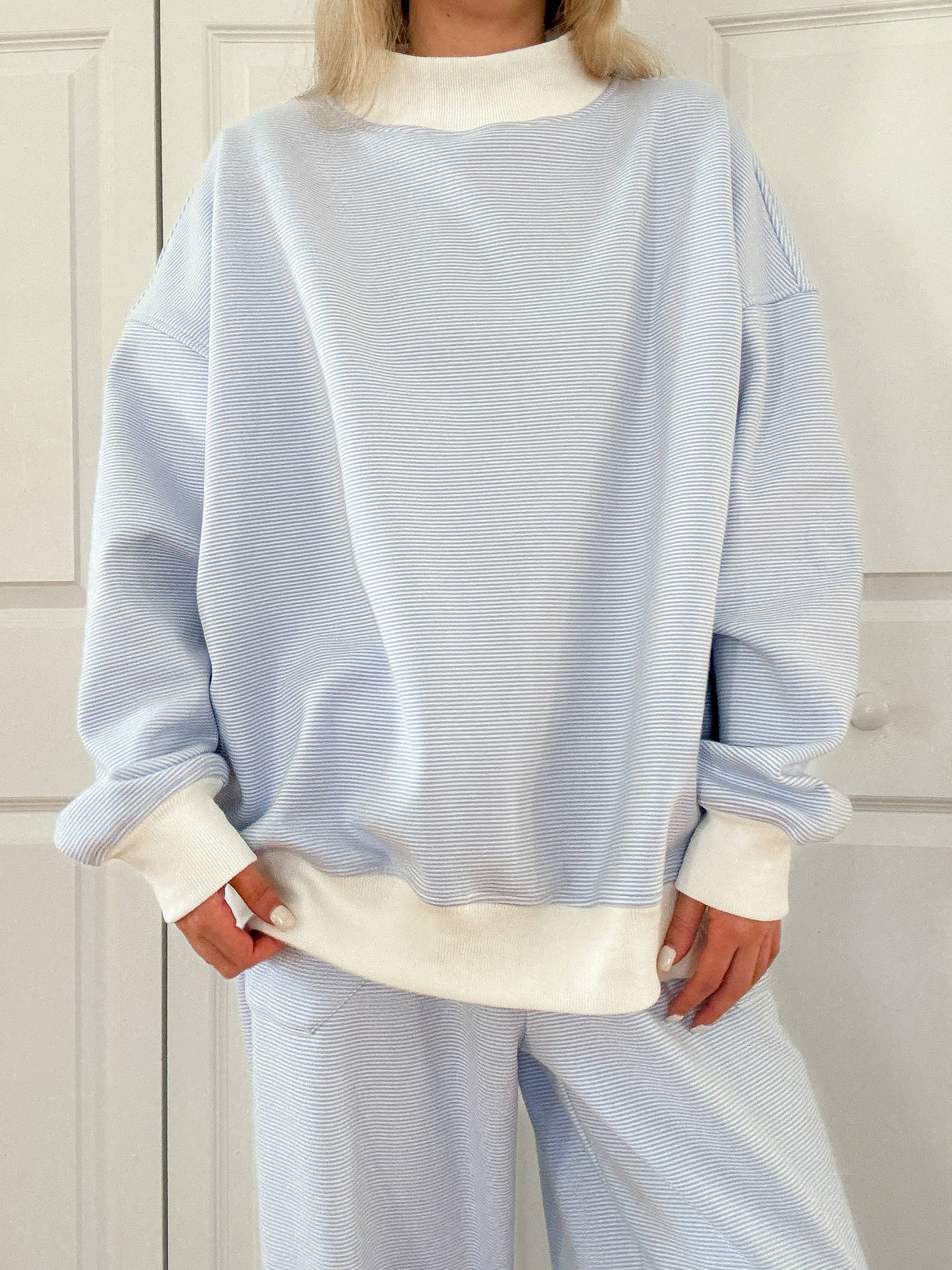 Blue and White Mini Striped Mockneck Sweatshirt for wholesale on Faire8