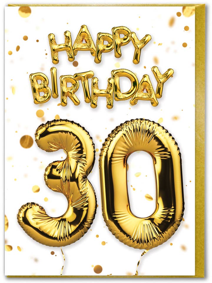 30th Birthday Card - Gold Balloon Greetings Card for wholesale by Brainbox Candy