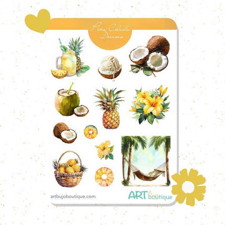 Folha de Autocolantes Decorativos Sonhos de Pina Colada – Autocolantes Estéticos para Planeador & Diário por atacado de Art Bujo Boutique
