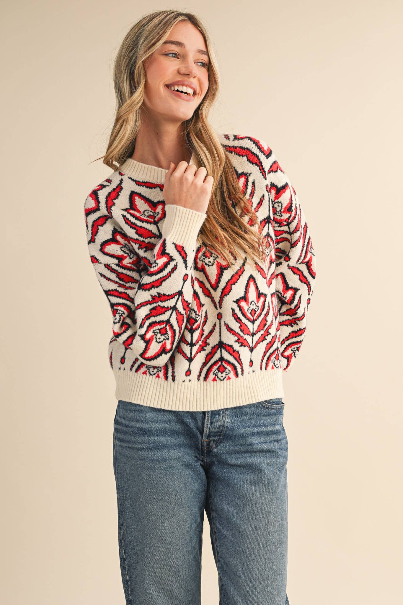 &MERCI - Wholesale Knit Sweater - Women's - FLORAL PATTERN KNIT SWEATER MSW1109511