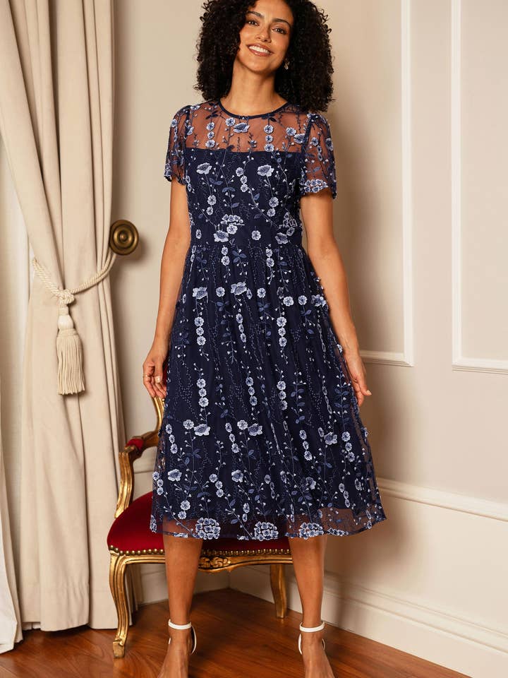 Yumi Navy Embroidered Mesh Midi Dress for wholesale by Yumi