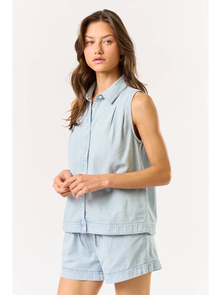 ILT4692 Sleeveless Button Down Denim Shirt for wholesale on Faire