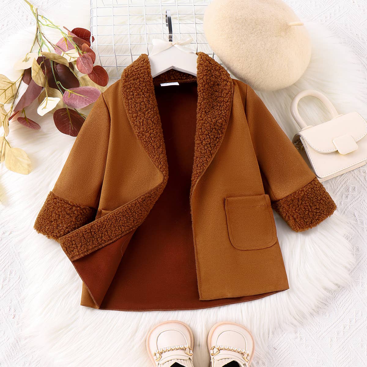 Brown Baby Girl/Boy Solid Lapel Casual Warm Fleece Coat & Jacket for wholesale on Faire3