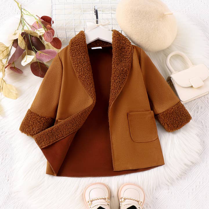 Brown Baby Girl/Boy Solid Lapel Casual Warm Fleece Coat & Jacket for wholesale on Faire3