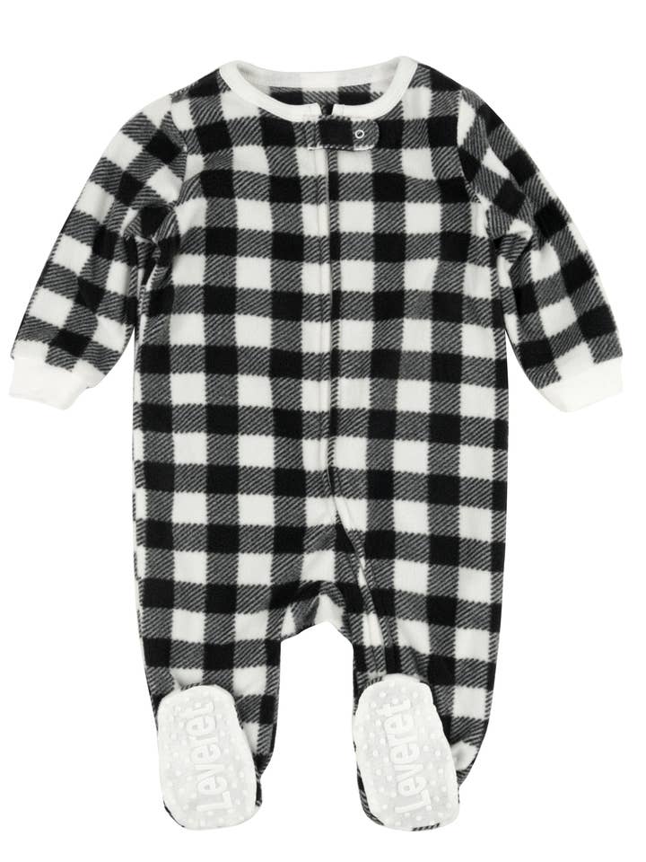 Leveret Pajamas – wholesale Sleepsuit – Baby – Baby Footed Fleece Pajama Black & White Plaid for Christmas0