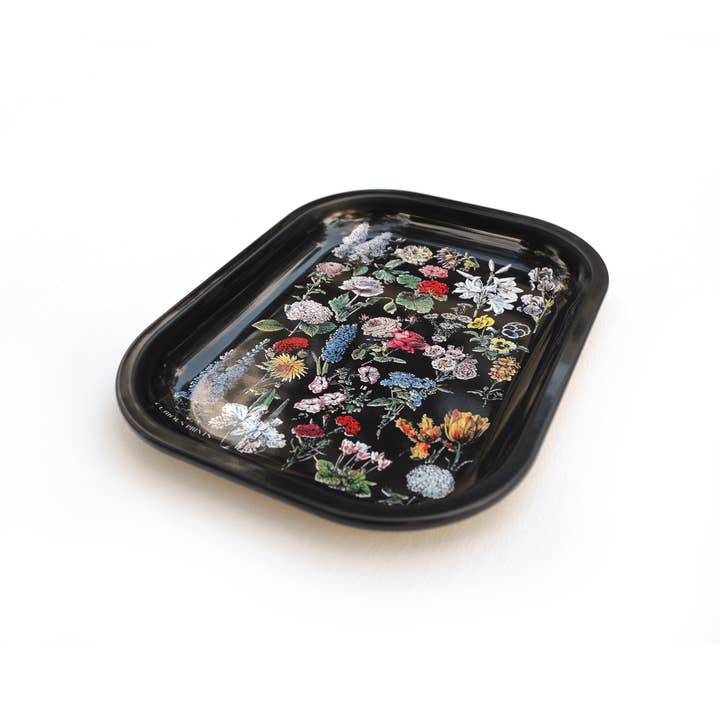 Curious Prints - Wholesale Decorative tray - Small Metal Black Fleurs Tray / Vintage Flower Floral Dish1