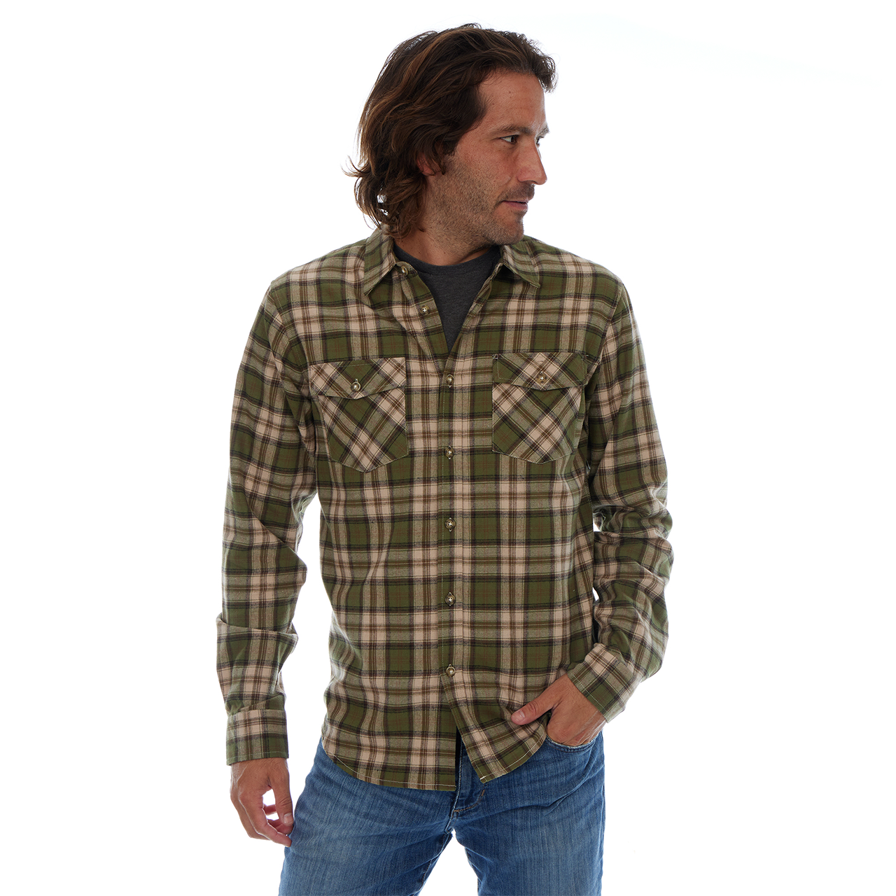 PX - Wholesale Button Down Shirt - Men's - Long Sleeve Flannel Plaid Front Pockets Shirt Lt Olive Khaki5