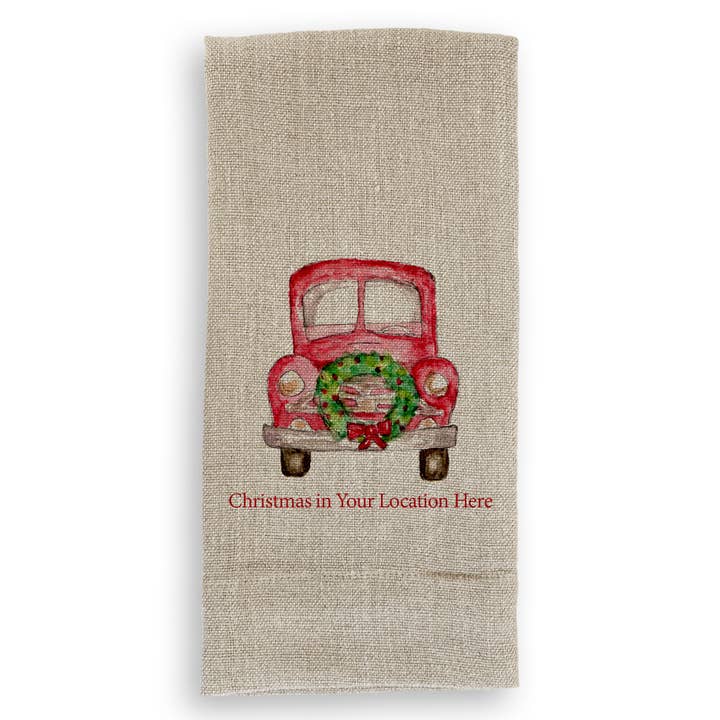 French Graffiti - Wholesale Tea Towel - Red Truck with Wreath and Location