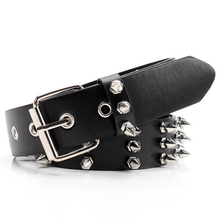 Black Gothic Punk Three-Row Spike Stud Versatile Denim Belt ZK3676 for wholesale on Faire5