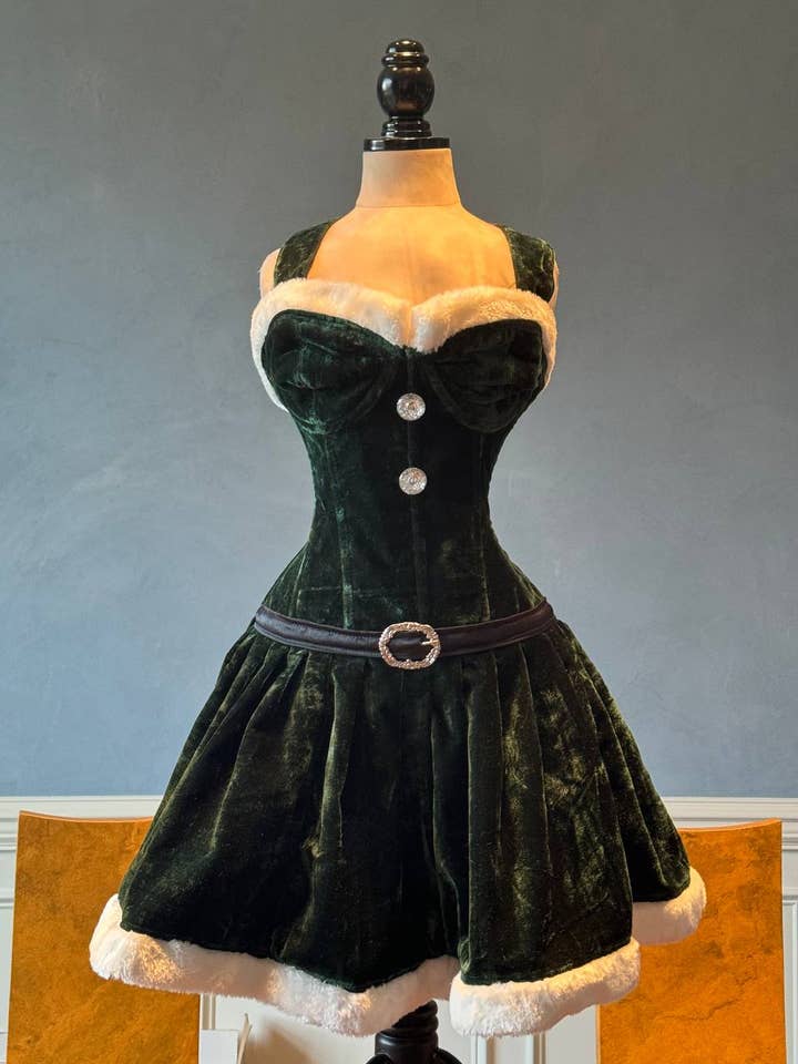 Green velvet Christmas dress corset. Corset is made personally according to your measurements. for wholesale by corsettery