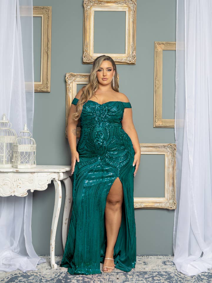 P1013P47-PLUS PATTERNED SEQUIN OFF SHOULDER MAXI DRESS for wholesale by RICARICA INC.