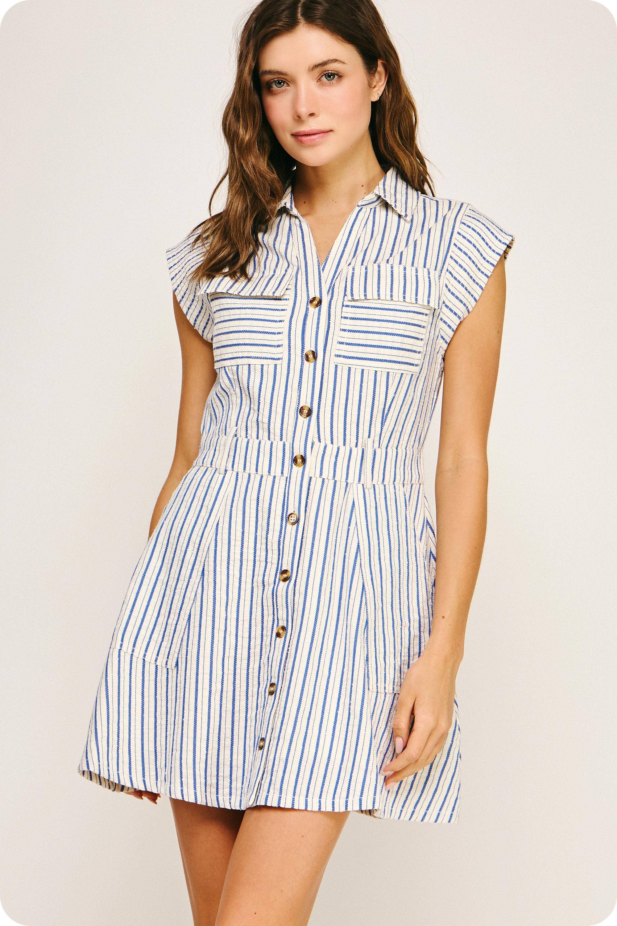 Strut & Bolt - Wholesale Dress - Women's - Top-Stitch Sleeveless Stripe Cotton Mini Dress5