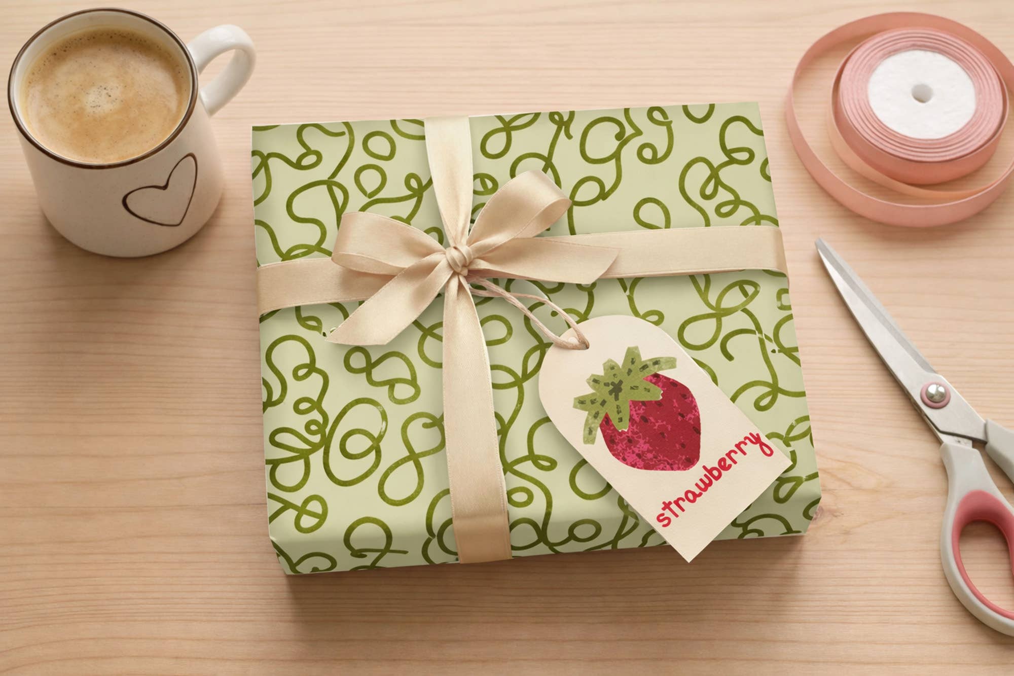 Slow Notes - Wholesale Flat Wrap - Heart Pathway Double-Sided Wrapping Paper — Pink + Green