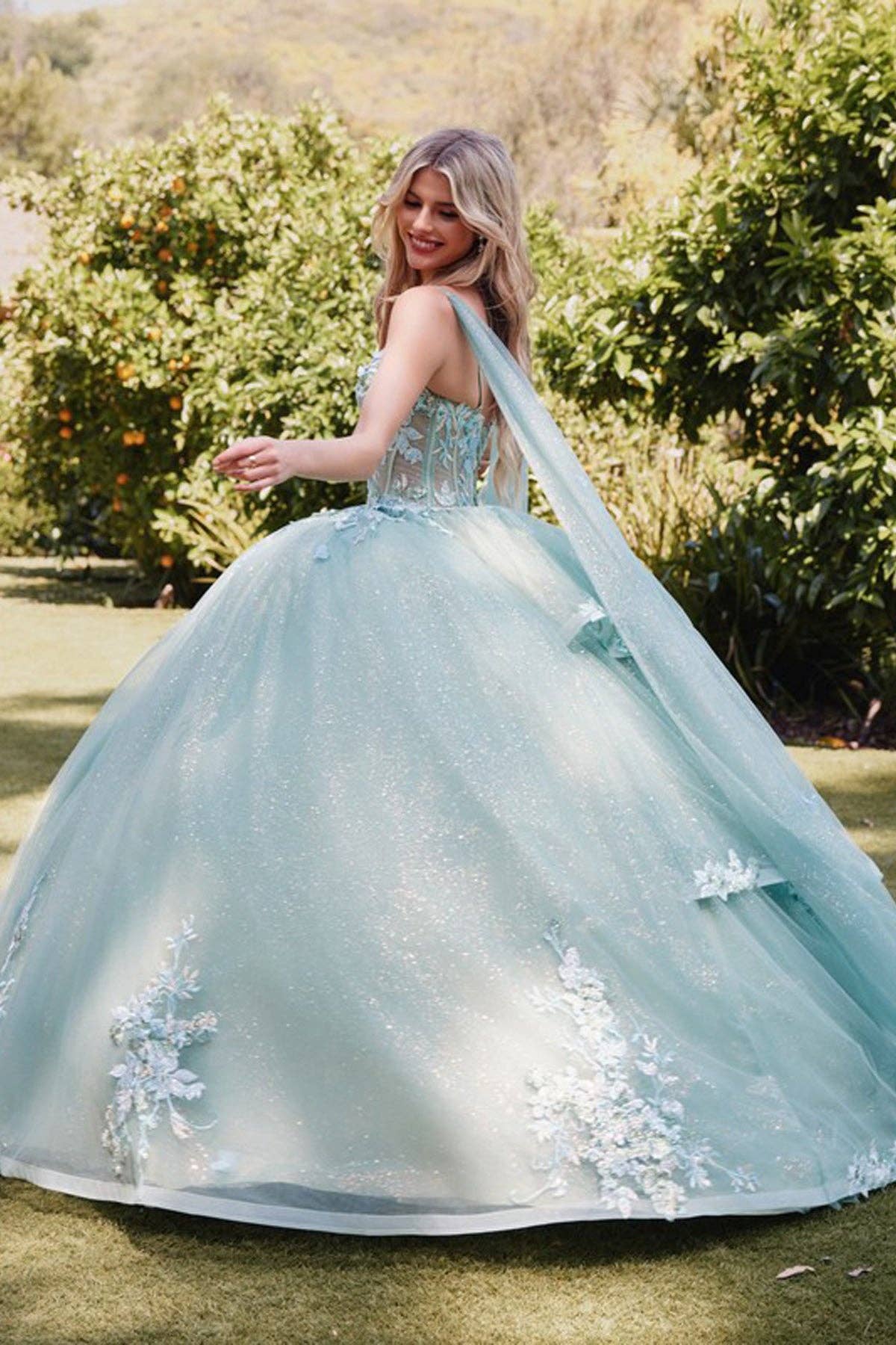 SAGE GREEN 3D Multi Floral Applique Cap Sleeve Long Quinceanera Dress JTJT1466H for wholesale on Faire5