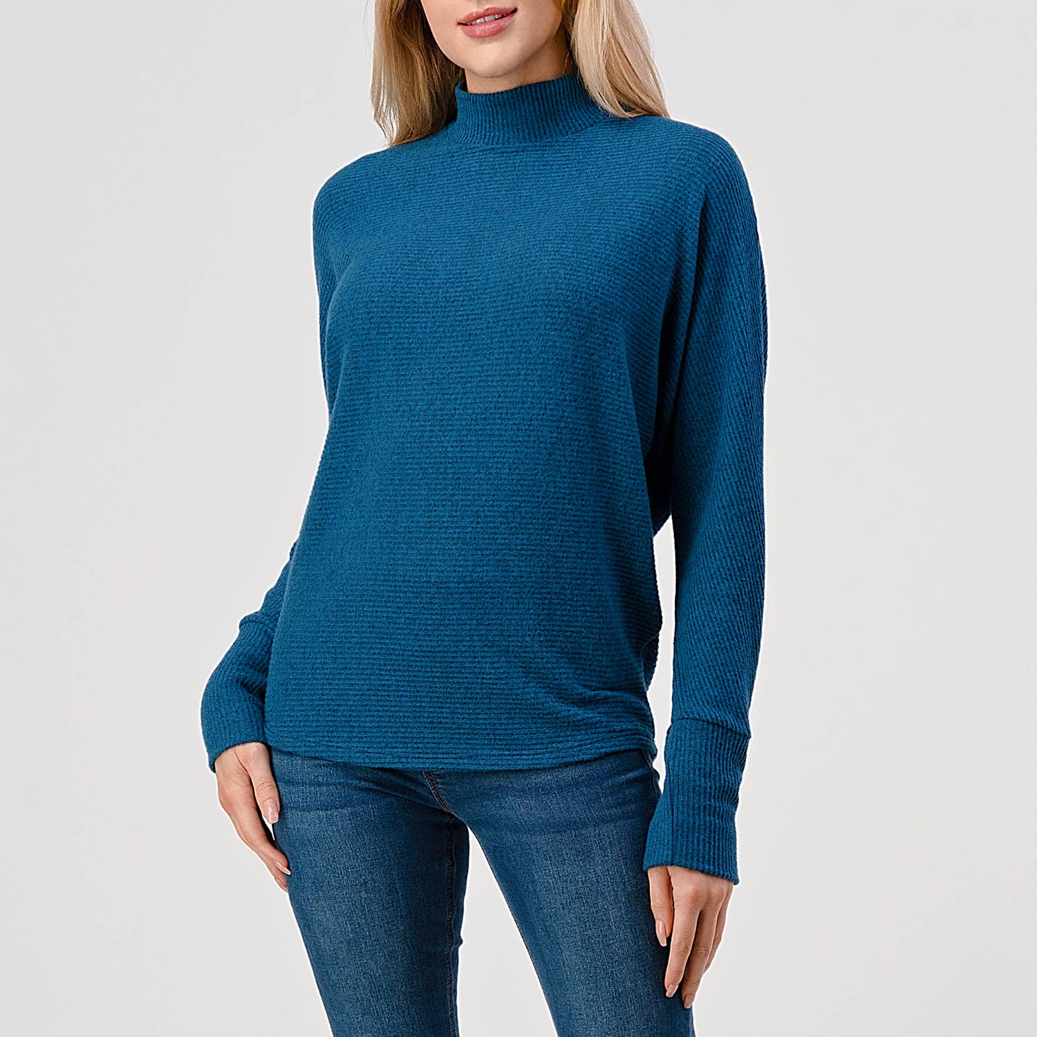 Heimious - Wholesale Knit Top - Women's - Mock Neck Long Dolman Sleeve Ribbed Knit Top, T26120
