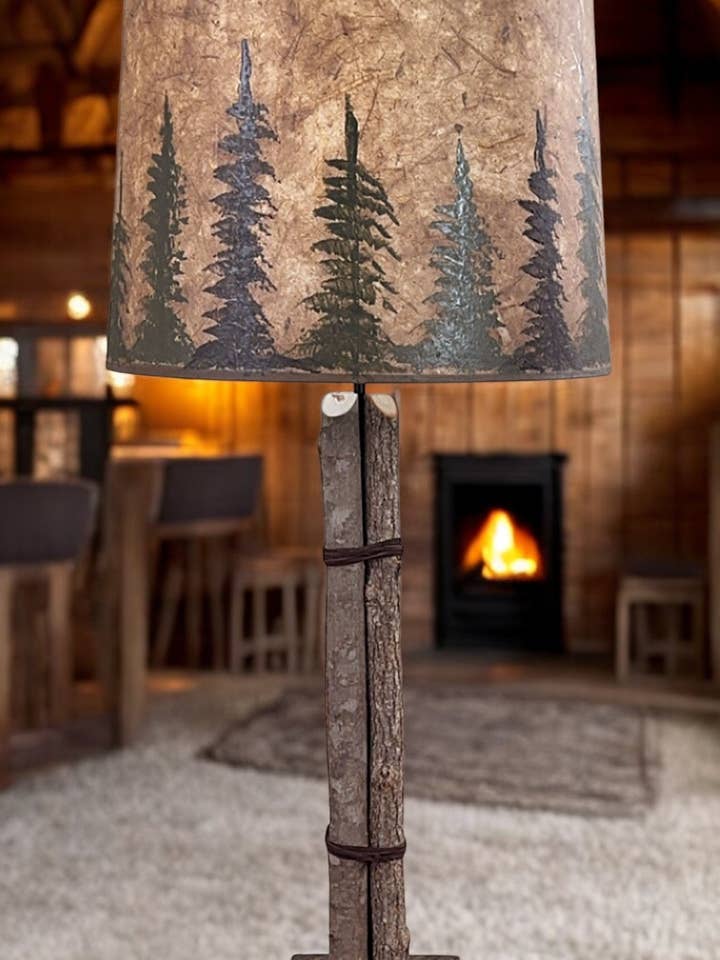 Twig and Leather Table Lamp w/Rough Sawn Base and Tree Shade for wholesale by Coast Lamp Mfg