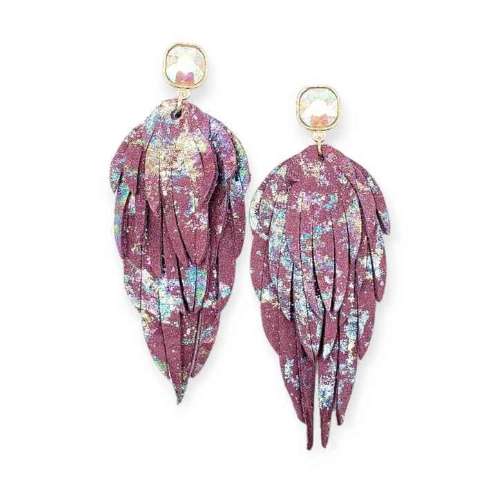 Iridescent Leather Feather Earrings, Metallic Leather Fringe for wholesale by White Shed Creations
