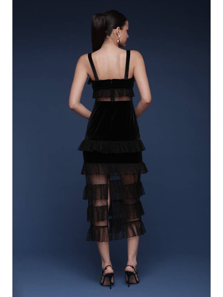 Black Velvet & Tulle Tiered Midi Dress for wholesale on Faire4