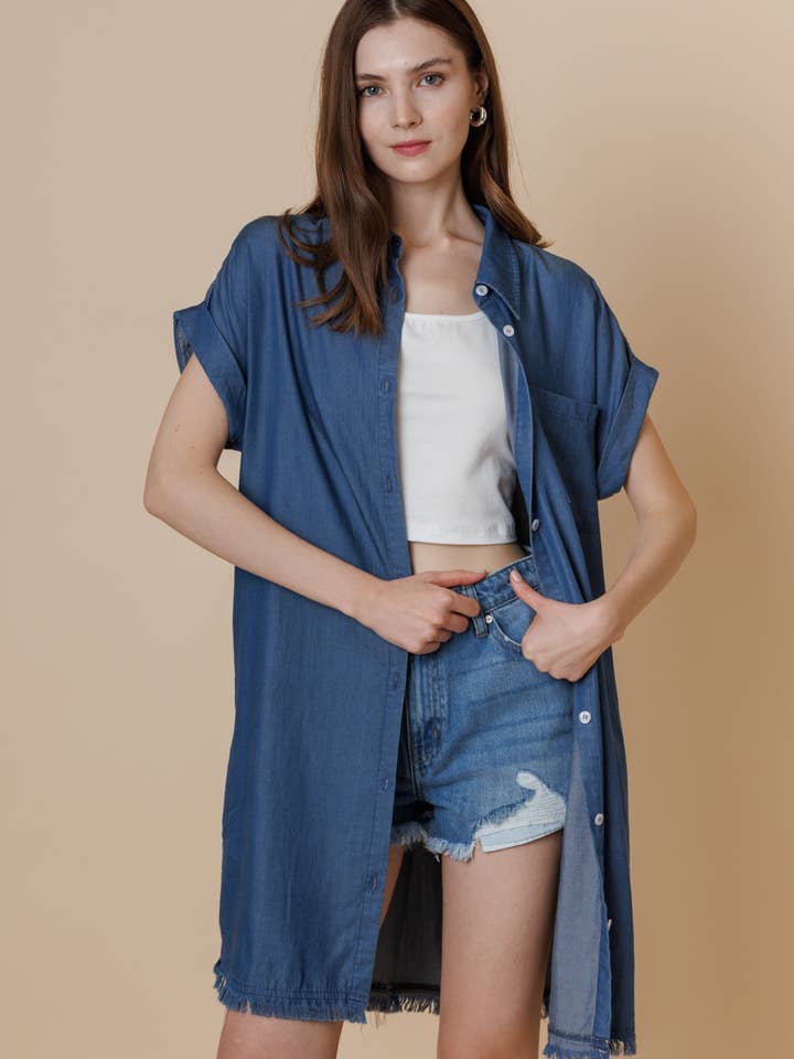 Frayed Hem Tencel Denim Button Down Shirt Dress for wholesale by A & SHE