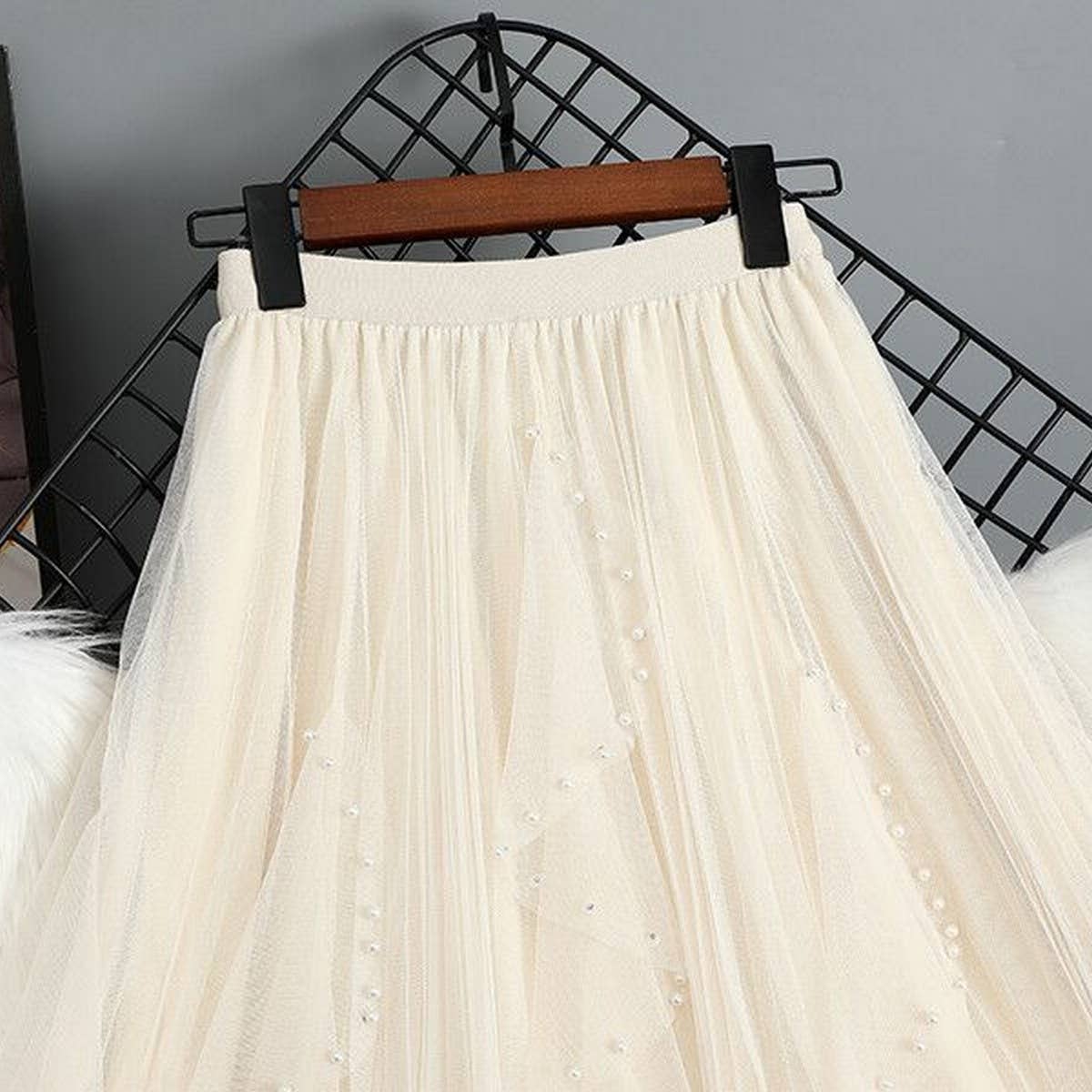 ACCITY - Wholesale Skirt - Women's - BEADED MESH PLEATED SKIRT A LINE TULLE SKIRT_CWBLS039819