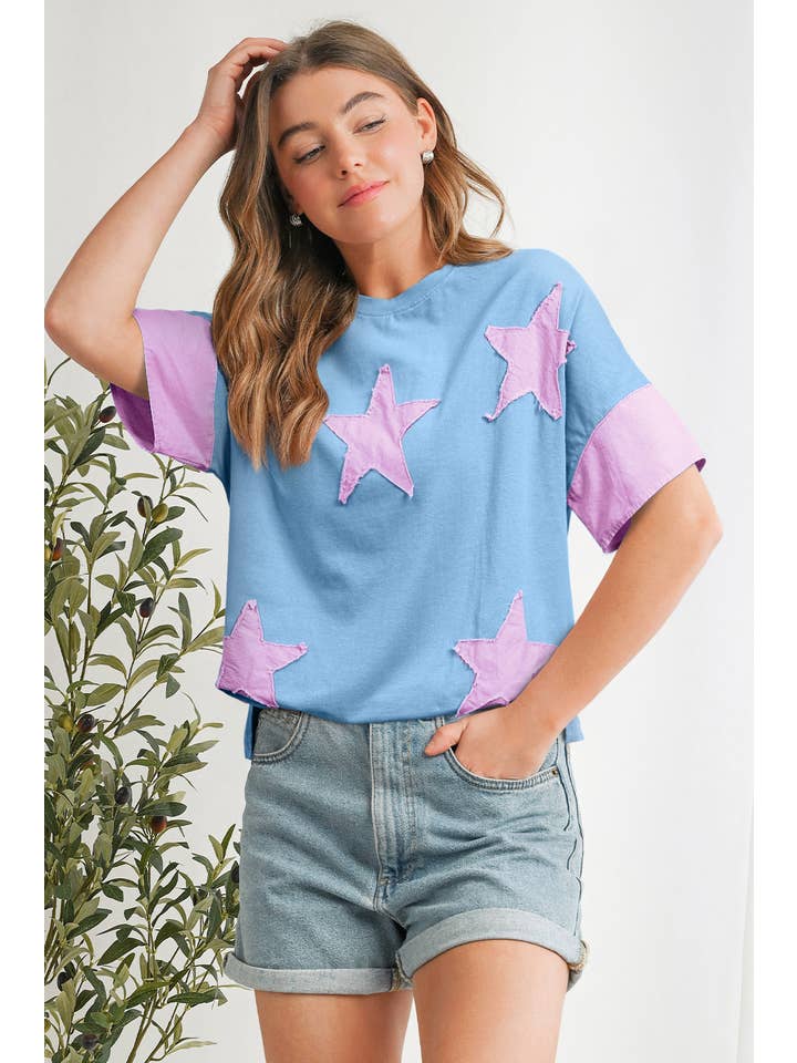 Aapparella - Wholesale Tunic - Women's - Frayed Star Denim Patchwork Oversize T Shirt | S-XL